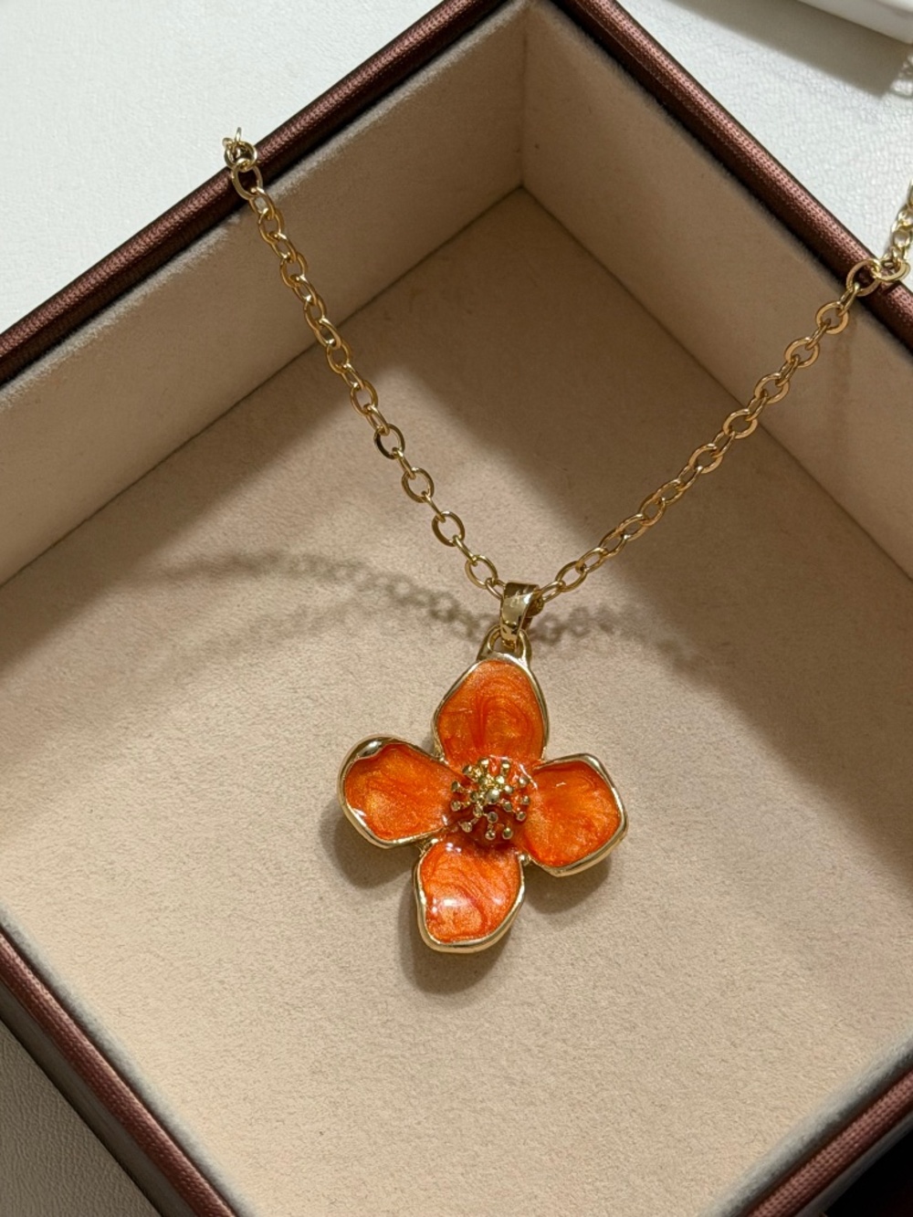 Golden Orange Oil Dripping 4-Petal Flower Enamel Pendant Necklace